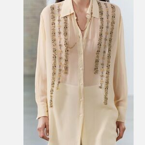 Zara oversize. Elegant Cream Embellished Women's Top